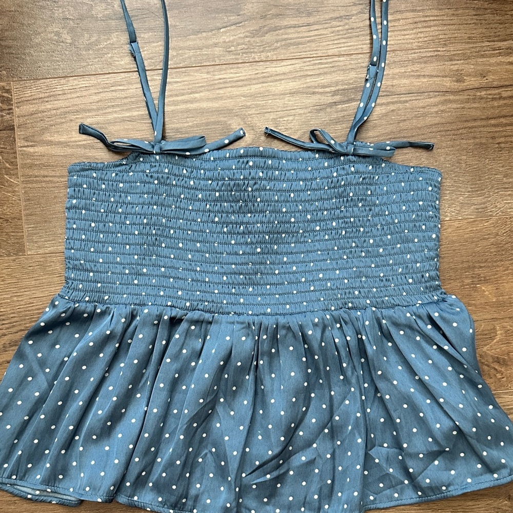 American Eagle Outfitters Satin Blue Polka Dot BabyDoll Tank Top